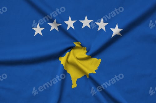 Preview: Kosovo flag is depicted on a sports cloth fabric with many folds. Sport team waving banner