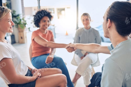 Preview: Welcome, handshake and people in counseling for mental health, coping and stress management with su