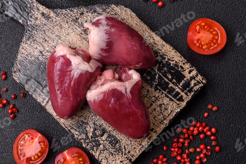 Preview: Raw turkey or chicken hearts with salt and spices