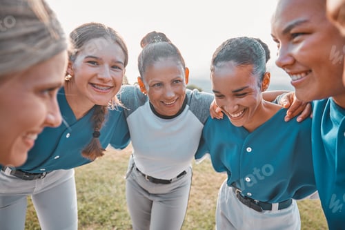 Preview: Teamwork, support and sports with women baseball athlete in planning crowd for collaboration, commu