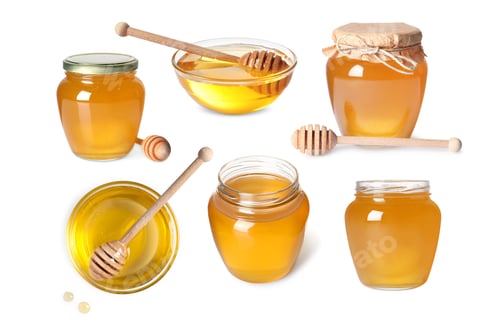 Preview: Natural honey, glass jars and dippers isolated on white, set