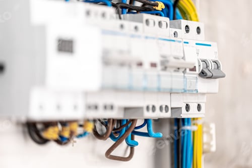 Preview: Voltage switchboard with circuit breakers, close up.