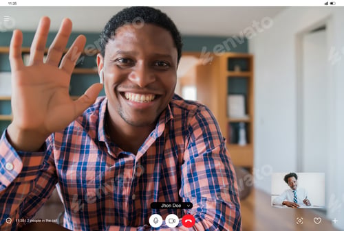 Preview: Business man on a work video call from home.