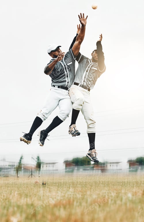 Preview: Sports, baseball and men jump to catch ball on field during game, action and motion with teamwork.