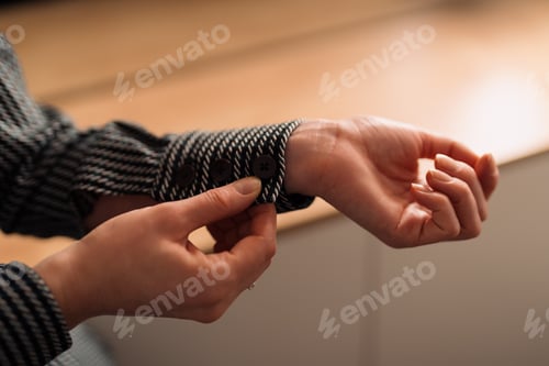 Preview: Woman Fastening The Buttons on Striped Jacket