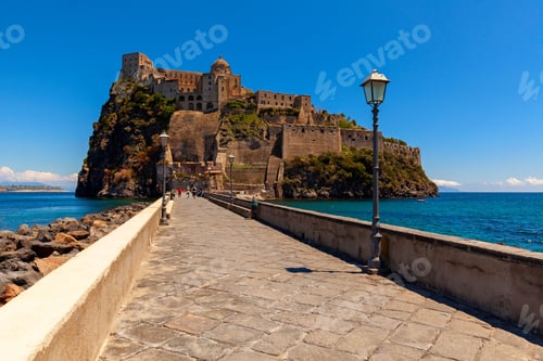 Preview: Historic Aragonese Castle on Ischia island, Italy, on a hot summer day