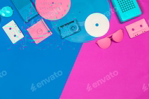 Preview: Bright retro music items set on a colorful background featuring a cassette, vinyl, and sunglasses