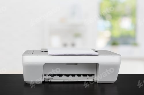 Preview: Compact laser printer on black desk against blurred background