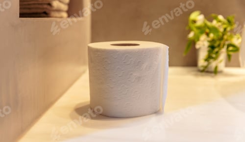 Preview: Toilet paper roll on a bathroom table closeup view. Modern restroom interior detail