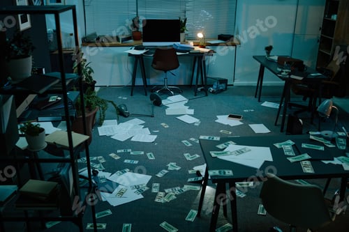 Preview: Office Interior Showing Scattered Money and Papers after Thief Breaking in