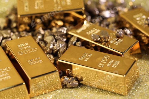 Preview: Gold bars and nuggets on color glitter background, closeup