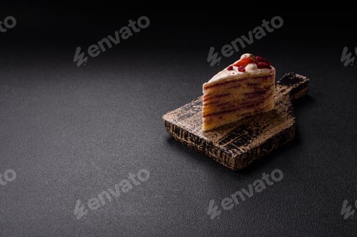 Preview: Piece of sweet layer cake with white cream, raspberries and strawberries