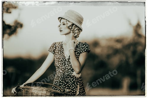 Preview: Classic Black And White Photo Of 1930S Fashion Woman In Summer Dress Standing With Bicycle In Rural