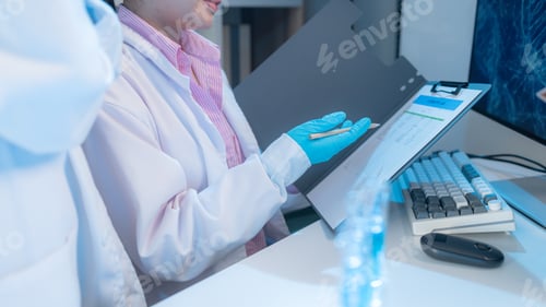 Preview: Two chemists in white lab coats working together in a modern laboratory surrounded