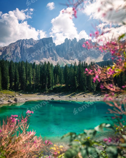 Preview: Scenic alpine lake Carezza against the alpine mountains Dolomites in South Tyrol, Italy