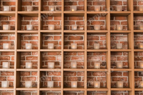 Visualização: Prateleiras loft com velas. Células idênticas simétricas com velas acesas idênticas.
Escritório