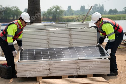 Preview: Renewable Energy Eco Technology Electric Power. Floating solar panels on lake.