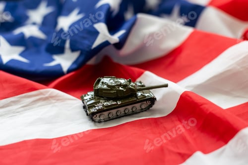 Preview: Toy tank with USA flag on green background