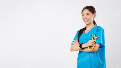 Preview: Friendly young Asian nurse, portrait of a confident medic, woman with crossed arms and stethoscope
