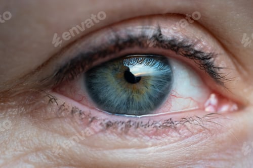 Preview: Girl with irritated dry red eye or allergy. Female suffering from redness.