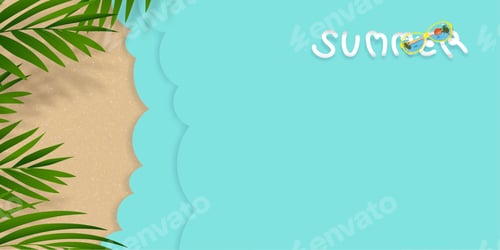 Preview: Summer Background Flat lay of green coconut palm leaves over Sand,Ocean Blue Waves background