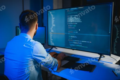 Preview: Portrait of male programmer in office at night