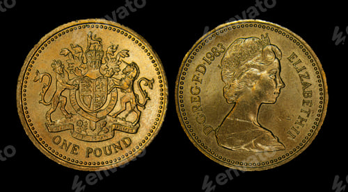 Preview: Close-up of vintage 1983 British one-pound coins against a black backdrop