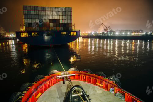Preview: Tugboat manoeuvring cargo ship in harbor at night, Tacoma, Washington, USA