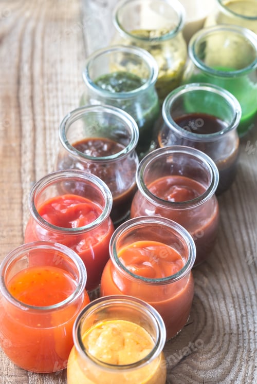 Preview: Assortment of sauces in the glass jars