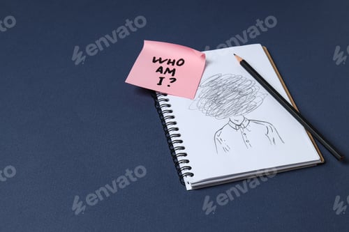 Preview: Notepad with pencil drawing and pink note with text on dark blue background, space for text
