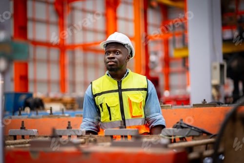 Preview: Young male engineer in metal sheet factory Responsible work is being inspected at actual work site