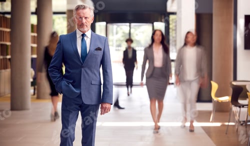 Preview: Portrait Of Senior Businessman CEO Chairman Standing In Lobby Of Busy Modern Office Building
