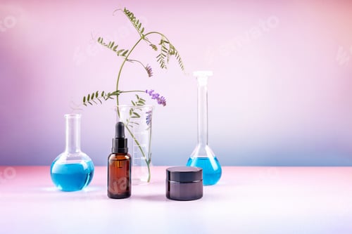 Preview: container for cosmetics, laboratory beakers and a sprig of mouse peas