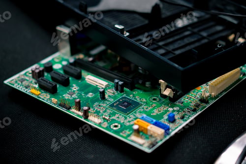 Preview: green Electronic system computer motherboard digital chip with transistor chip technology close-up