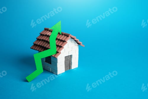 Preview: House and green arrow up. Rising housing prices.
