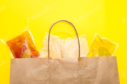 Preview: Salad dinner set. A set for delivering food for dinner on a yellow background. I cook at home.