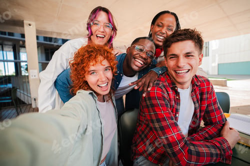 Preview: Happy group of diverse students taking a selfie together, capturing a moment of friendship, teamwork