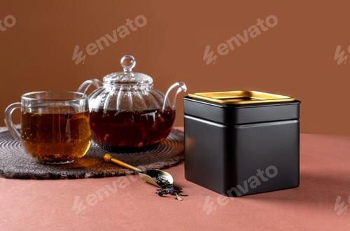 Preview: Blank tea packaging mockup with tea to display your branding design.