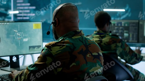 Preview: Military personnel in base of operations using advanced computers and big screen