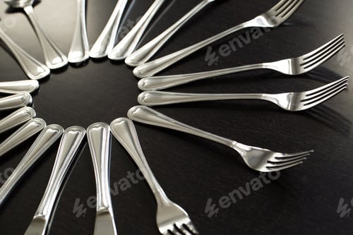 Preview: Cutlery on a black background. Fork, spoon, knife.