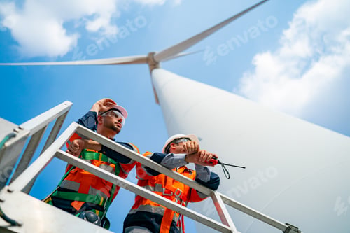 Preview: Wind turbine maintenance engineer at wind farm construction site.