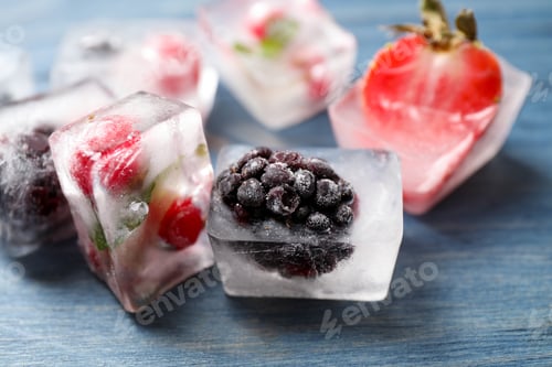 Preview: Ice cubes with different berries and mint on blue wooden table, closeup