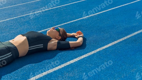 Preview: Female sprinter resting after workout lying on track on a sunny day.