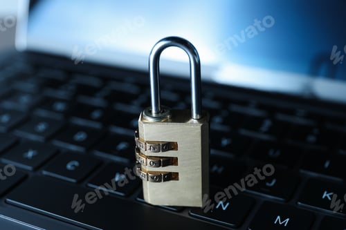 Preview: Cyber security. Padlock on laptop, closeup view