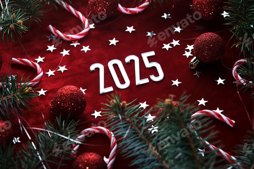 Preview: New Year red 2025 background. Number of the coming year in Christmas decoration.