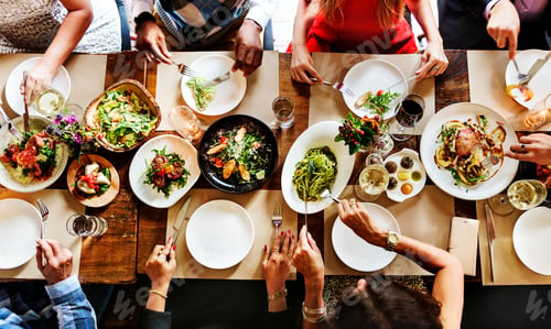 Preview: Aerial view of a table full of food