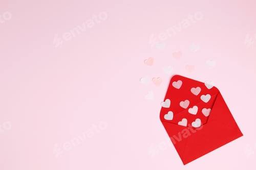 Preview: Valentine day holiday background with red envelope and various hearts, romantic message