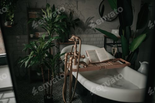 Preview: Luxury interior of eco style modern bathroom with oval bathtub and book on bamboo wood tray