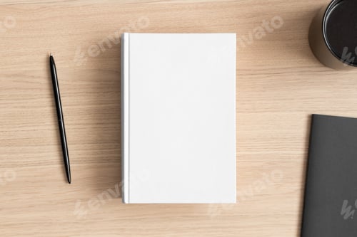 Preview: White book mockup with a cup of coffee and workspace accessories on the wooden table.