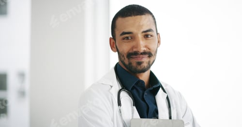 Preview: Portrait, confident and doctor with tablet, hospital and man with diagnosis for sickness and smile.